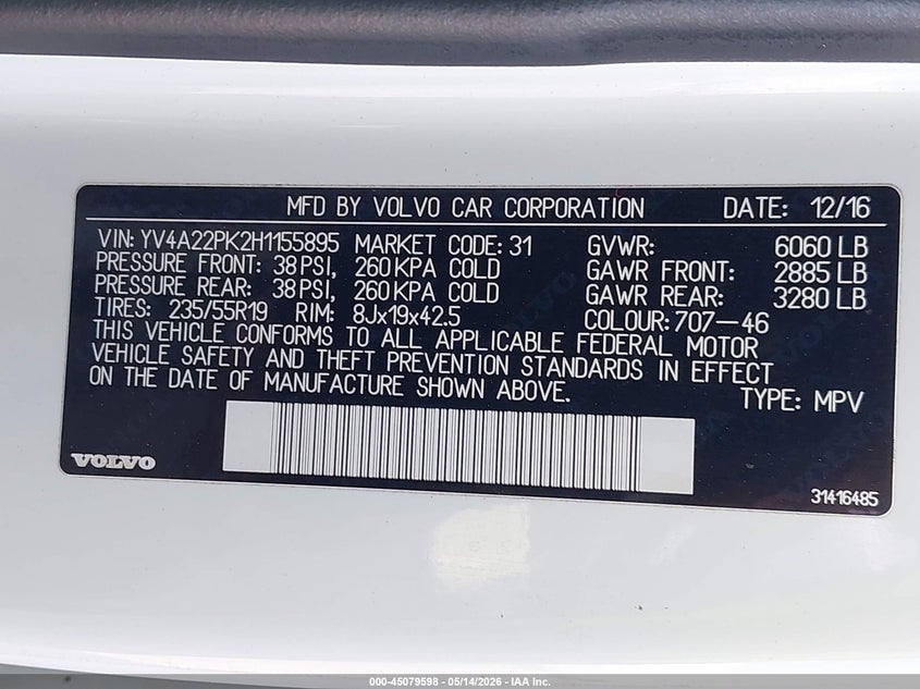 2017 Volvo Xc90 VIN YV4A22PK2H1155895 IAAI salvage auction — NORMAL WEAR, Clear (Florida), sold $3,200 on 2026-07-13 (photo 9)