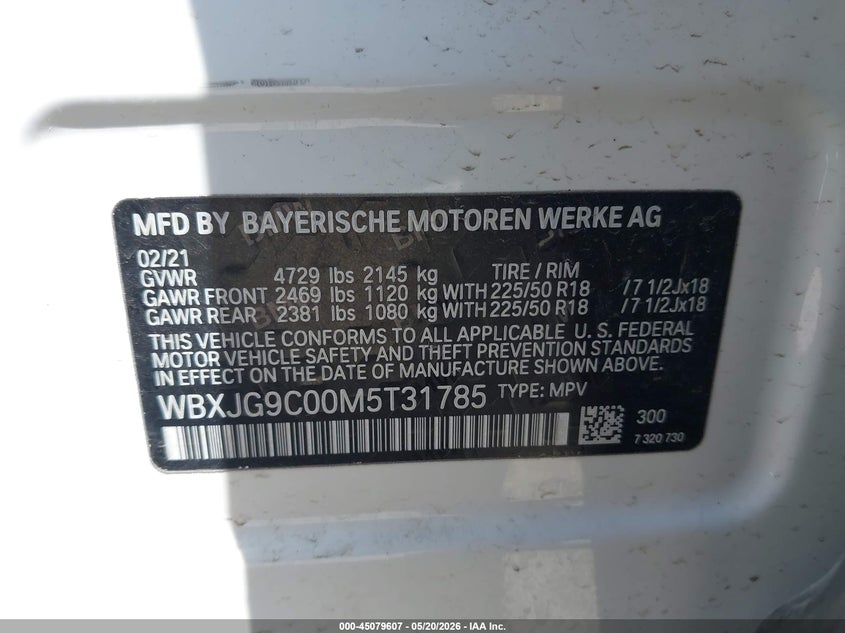 2021 BMW X1 VIN WBXJG9C00M5T31785 IAAI salvage auction — HAIL, Salvage (Minnesota), sold $7,800 on 2026-07-06 (photo 9)