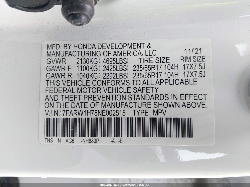 2022 Honda Cr-v VIN 7FARW1H75NE002515 IAAI salvage auction — REAR END, Salvage (California), sold $8,900 on 2026-07-06 (photo 9)