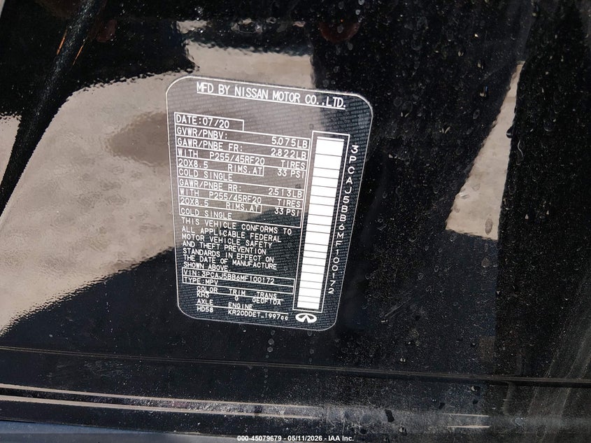 2021 Infiniti Qx50 VIN 3PCAJ5BB6MF100172 IAAI salvage auction — HAIL, Salvage (Ohio), sold $8,800 on 2026-07-07 (photo 9)