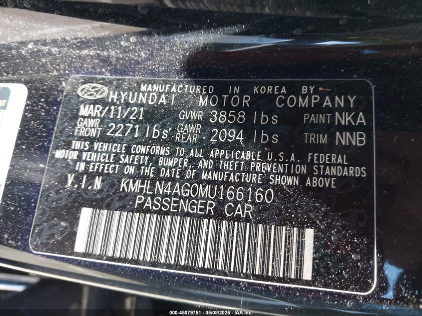 2021 Hyundai Elantra VIN KMHLN4AG0MU166160 IAAI salvage auction — FRONT END, Salvage (Arizona), sold $3,550 on 2026-07-28 (photo 9)