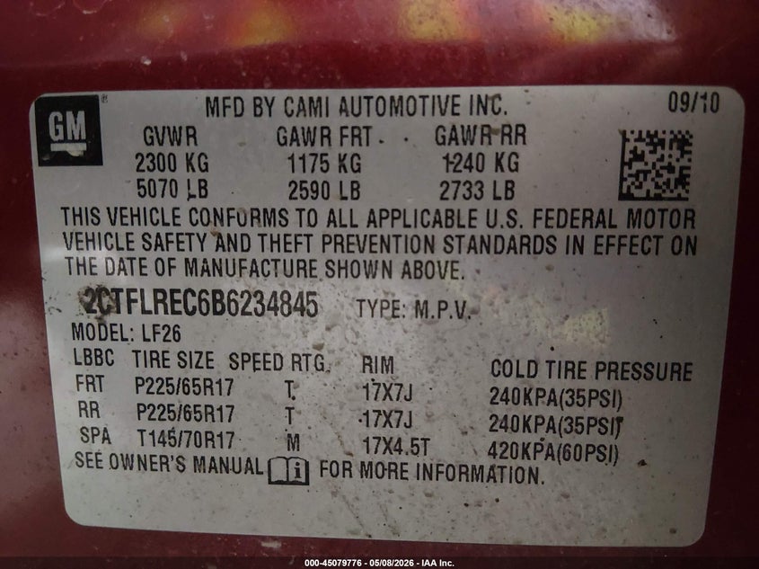 2011 Gmc Terrain VIN 2CTFLREC6B6234845 IAAI salvage auction — REAR END, Bill Of Sale (Alaska), sold $900 on 2026-07-31 (photo 9)