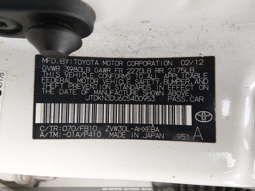 2012 Toyota Prius VIN JTDKN3DU6C5400953 IAAI salvage auction — RIGHT FRONT, Bill Of Sale (Washington), sold $875 on 2026-07-22 (photo 9)