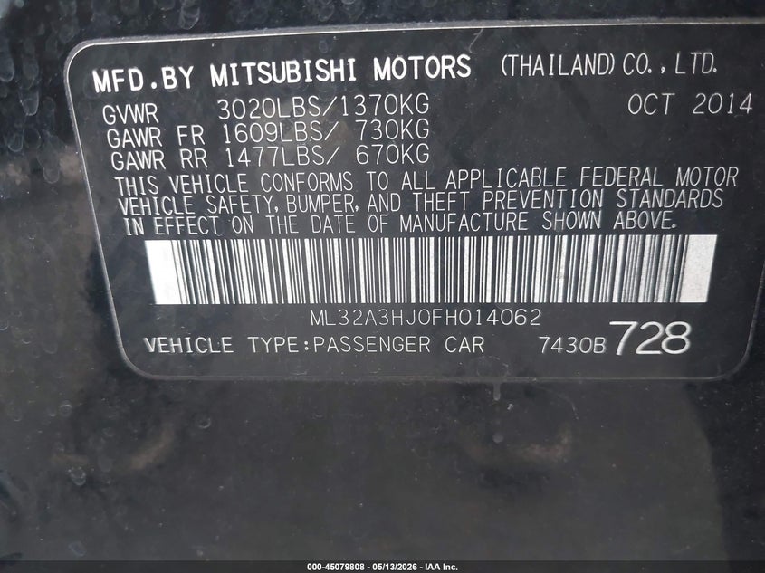 2015 Mitsubishi Mirage VIN ML32A3HJ0FH014062 IAAI salvage auction — FRONT & REAR, Salvage Certificate (California), sold $300 on 2026-07-08 (photo 9)