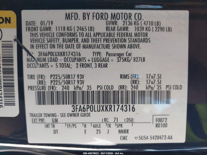 2019 Ford VIN 3FA6P0LUXKR174316 IAAI salvage auction — LEFT SIDE, Salvage (California), sold $2,050 on 2026-08-03 (photo 9)