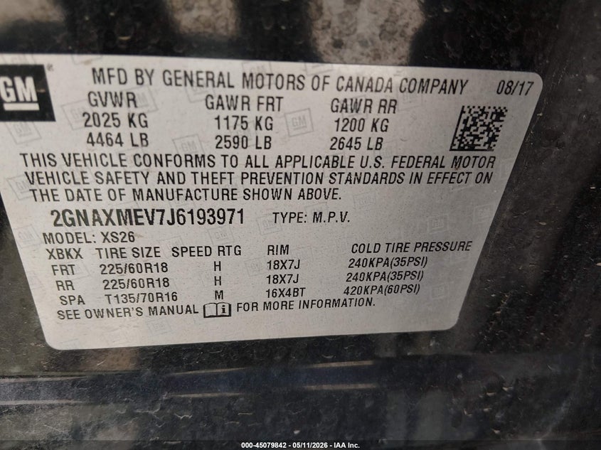 2018 Chevrolet Equinox VIN 2GNAXMEV7J6193971 IAAI salvage auction — HAIL, Salvage (Kansas), sold $4,575 on 2026-07-19 (photo 9)