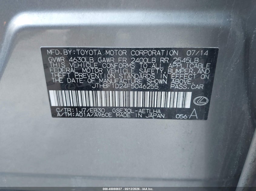 2015 Lexus Is VIN JTHBF1D24F5046255 IAAI salvage auction — FRONT END, Salvage (Rhode Island), sold $1,550 on 2026-07-21 (photo 9)
