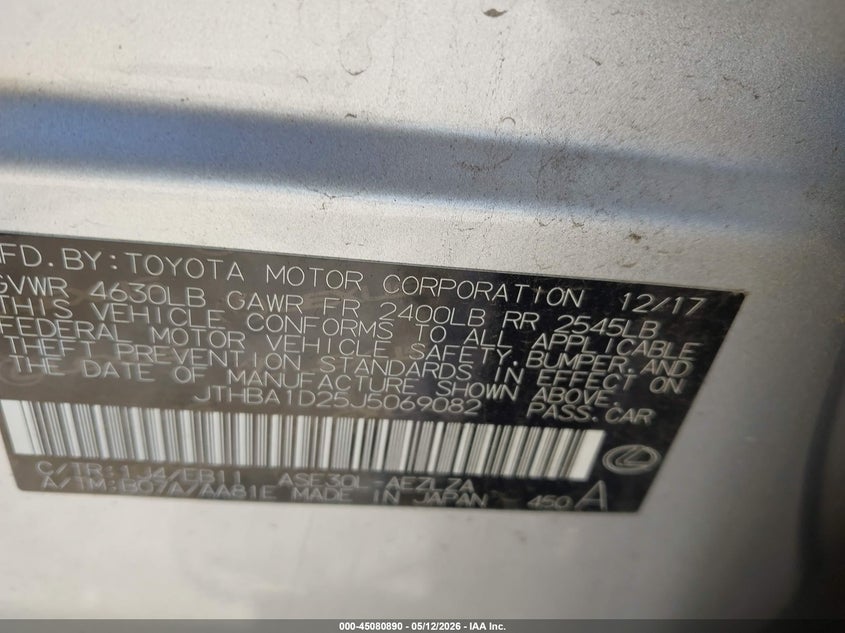 2018 Lexus Is VIN JTHBA1D25J5069082 IAAI salvage auction — REAR END, Salvage (Texas), sold $1,525 on 2026-07-14 (photo 9)