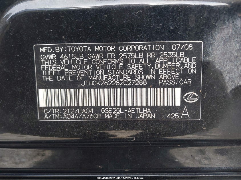 2008 Lexus Is 250 VIN JTHCK262282027288 IAAI salvage auction — NORMAL WEAR, Clear (Georgia), sold $700 on 2026-07-14 (photo 9)
