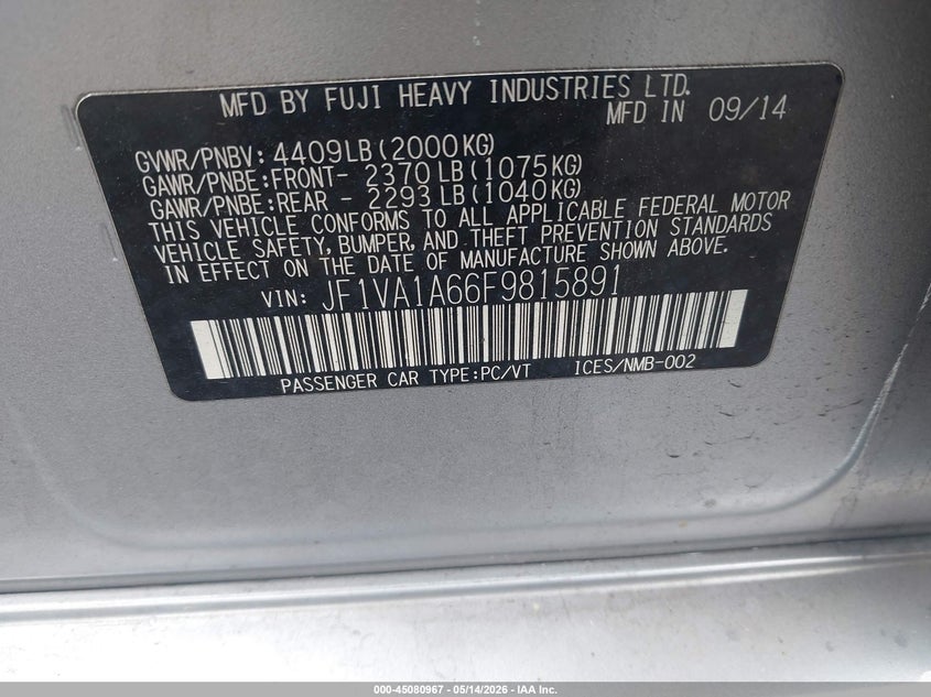 2015 Subaru Wrx VIN JF1VA1A66F9815891 IAAI salvage auction — SIDE, Salvage (New Jersey), sold $25 on 2026-07-28 (photo 9)