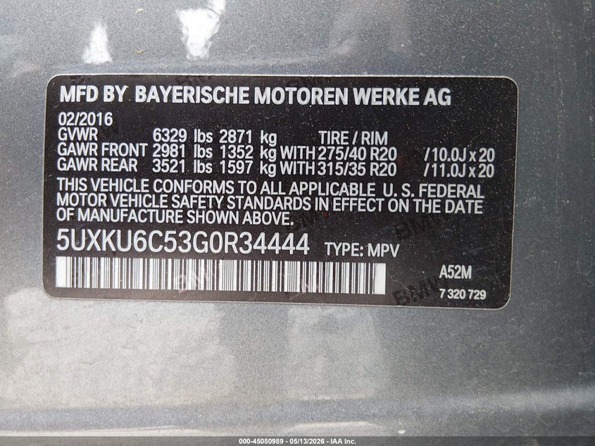 2016 BMW X6 VIN 5UXKU6C53G0R34444 IAAI salvage auction — ROLLOVER, Salvage (South Carolina), sold $3,150 on 2026-07-28 (photo 9)