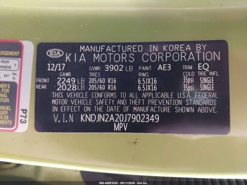 2018 Kia Soul VIN KNDJN2A20J7902349 IAAI salvage auction — FRONT END, Salvage (South Carolina), sold $1,850 on 2026-07-16 (photo 9)