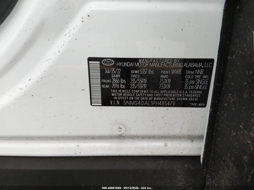 2023 Hyundai Santa fe VIN 5NMS4DAL1PH485479 IAAI salvage auction — FRONT END, Salvage (Maine), sold $7,800 on 2026-08-26 (photo 9)