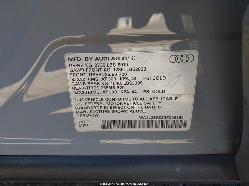 2024 Audi Q4 e-tron VIN WA1L2BFZ2RP006860 IAAI salvage auction — LEFT FRONT, Salvage (California), sold $13,300 on 2026-07-16 (photo 9)