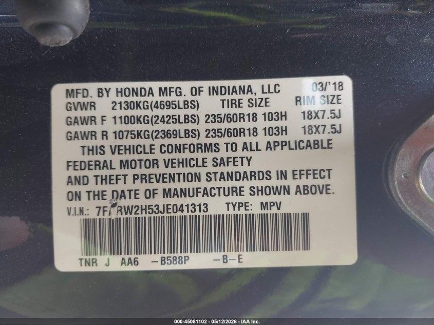 2018 Honda Cr-v VIN 7FARW2H53JE041313 IAAI salvage auction — LEFT SIDE, Clear (Indiana), sold $6,050 on 2026-07-07 (photo 9)
