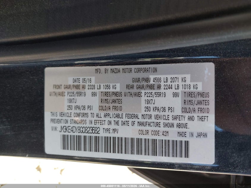 2016 Mazda Cx-5 VIN JM3KE4DY8G0823682 IAAI salvage auction — LEFT SIDE, Salvage (Illinois), sold $4,250 on 2026-07-09 (photo 9)