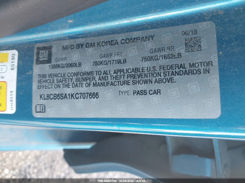 2019 Chevrolet Spark VIN KL8CB6SA1KC707666 IAAI salvage auction — RIGHT FRONT, Salvage (Idaho), sold $450 on 2026-07-13 (photo 9)
