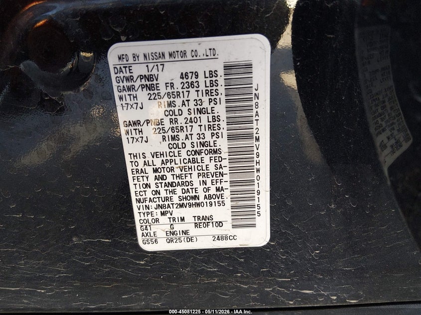 2017 Nissan Rogue VIN JN8AT2MV9HW019155 IAAI salvage auction — LEFT FRONT, Salvage (Missouri), sold $475 on 2026-07-30 (photo 9)