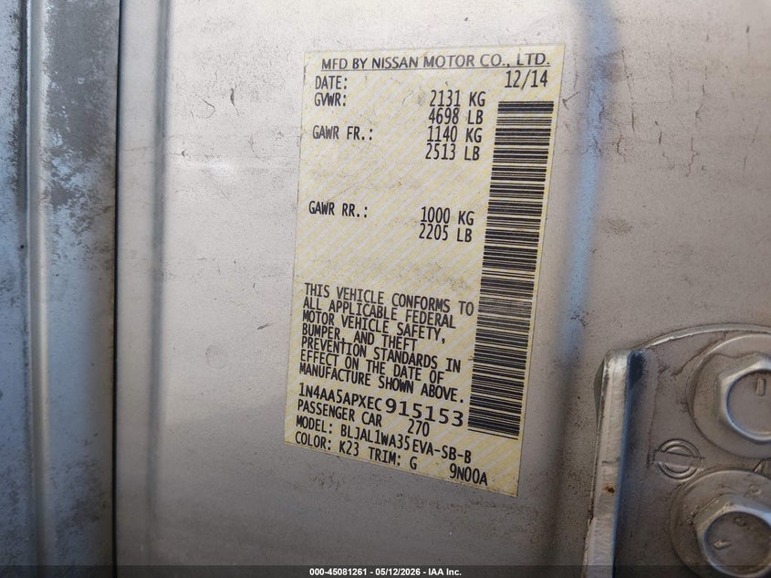 2014 Nissan Maxima VIN 1N4AA5APXEC915153 IAAI salvage auction — LEFT FRONT, Salvage (Kansas), sold $1,700 on 2026-07-10 (photo 9)