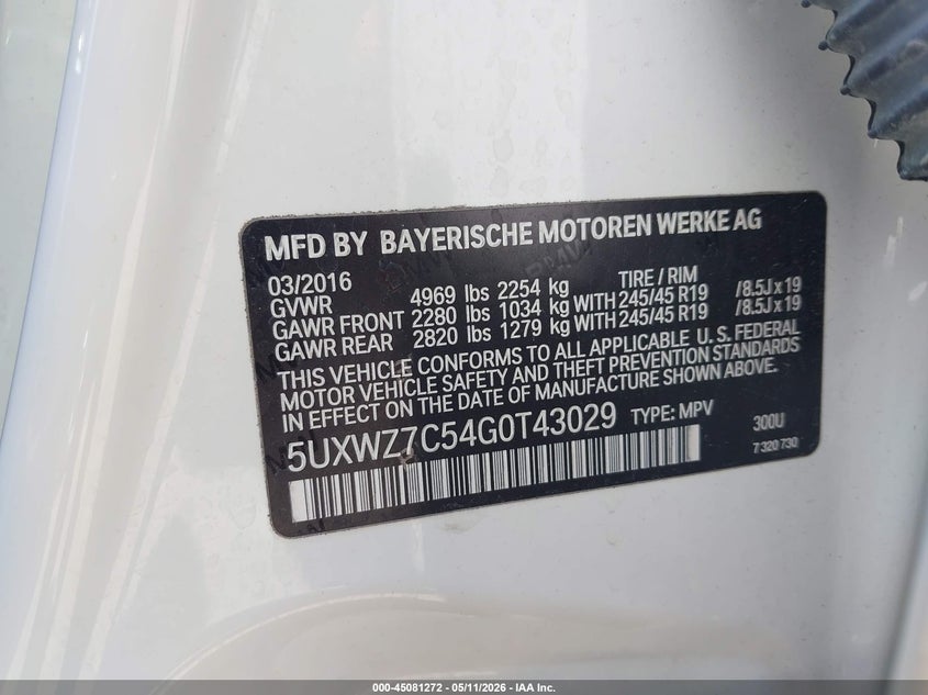 2016 BMW X3 VIN 5UXWZ7C54G0T43029 IAAI salvage auction — LEFT FRONT, Salvage (Georgia), sold $2,850 on 2026-07-23 (photo 9)