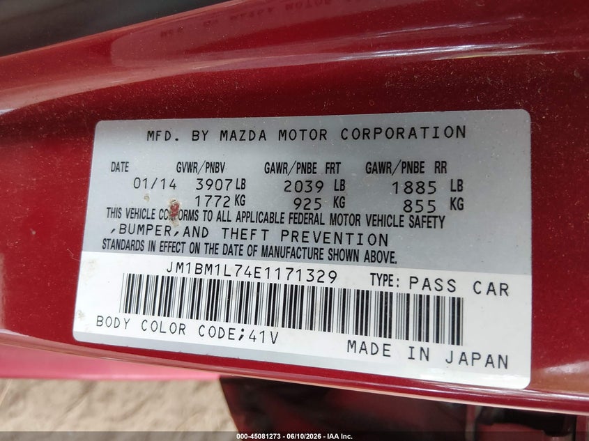 2014 Mazda 3 VIN JM1BM1L74E1171329 IAAI salvage auction — LEFT REAR, Clear (Virginia), sold $1,425 on 2026-07-09 (photo 9)