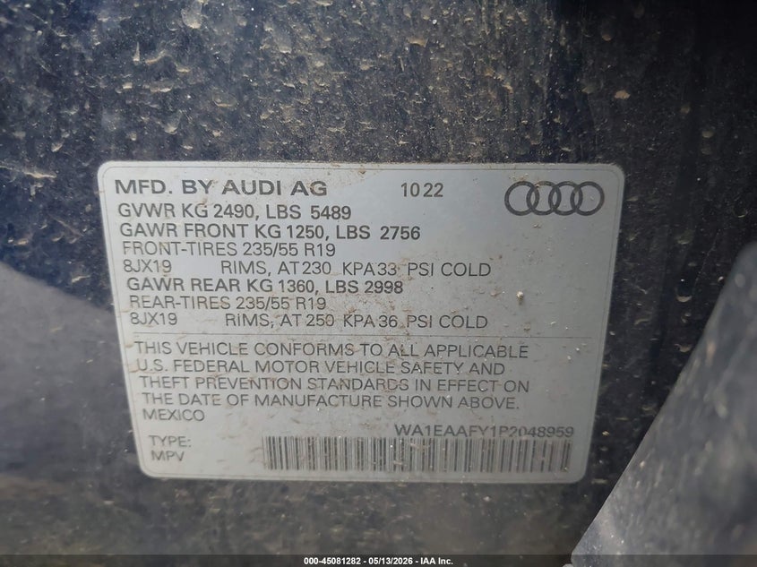 2023 Audi Q5 VIN WA1EAAFY1P2048959 IAAI salvage auction — FRONT END, Clear (Michigan), sold $12,800 on 2026-07-13 (photo 9)