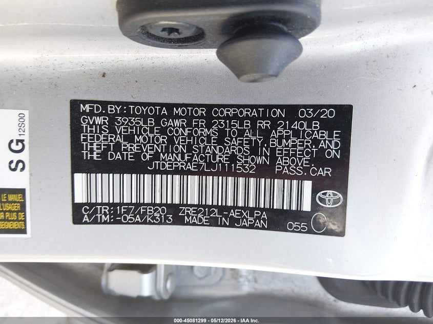 2020 Toyota Corolla VIN JTDEPRAE7LJ111532 IAAI salvage auction — REAR END, Salvage (Texas), sold $3,950 on 2026-07-14 (photo 9)