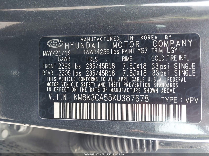 2019 Hyundai Kona VIN KM8K3CA55KU387678 IAAI salvage auction — FRONT END, Salvage (Virginia), sold $2,000 on 2026-07-09 (photo 9)