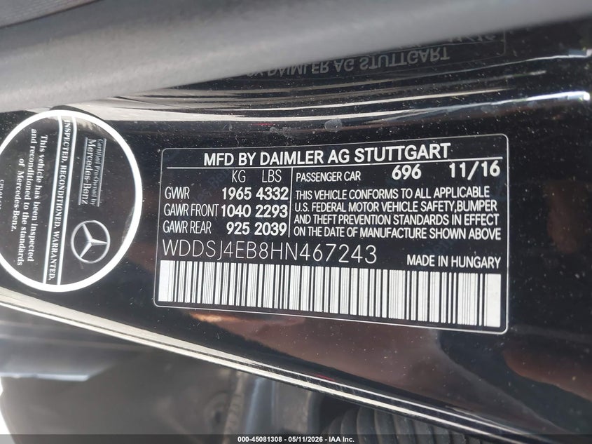 2017 Mercedes-benz Cla-klasse VIN WDDSJ4EB8HN467243 IAAI salvage auction — LEFT REAR, Salvage Title, sold $3,900 on 2026-08-21 (photo 9)