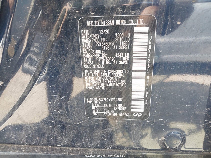 2021 Infiniti Qx80 VIN JN8AZ2AF1M9719837 IAAI salvage auction — FRONT END, Salvage Title, sold $5,900 on 2026-07-27 (photo 9)