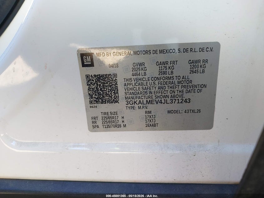 2018 Gmc Terrain VIN 3GKALMEV4JL371243 IAAI salvage auction — FRONT END, Salvage (Georgia), sold $3,200 on 2026-07-19 (photo 9)