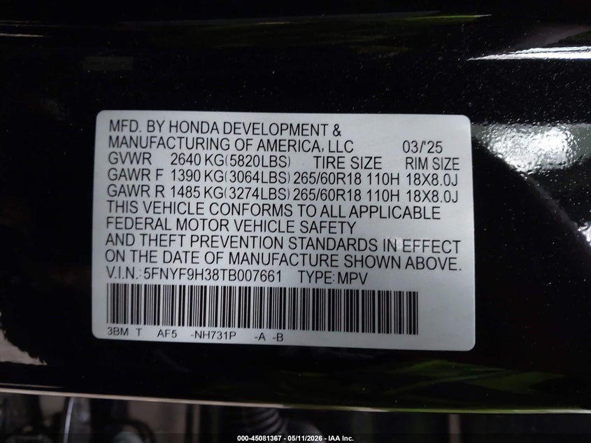 2026 Honda Passport VIN 5FNYF9H38TB007661 IAAI salvage auction — LEFT REAR, Salvage (Virginia), sold $17,850 on 2026-07-14 (photo 9)