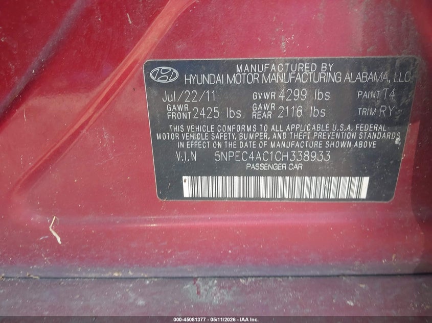 2012 Hyundai Sonata VIN 5NPEC4AC1CH338933 IAAI salvage auction — FRONT & REAR, Salvage (Georgia), sold $375 on 2026-07-22 (photo 9)