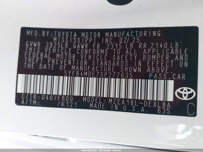 2025 Toyota Corolla VIN 5YFB4MDE7SP277635 IAAI salvage auction — LEFT SIDE, Certificate Of Destruction (Florida), sold $4,850 on 2026-07-23 (photo 9)