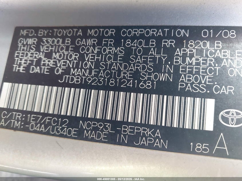 2008 Toyota Yaris VIN JTDBT923181241681 IAAI salvage auction — FRONT END, Salvage (Texas), sold $350 on 2026-07-15 (photo 9)