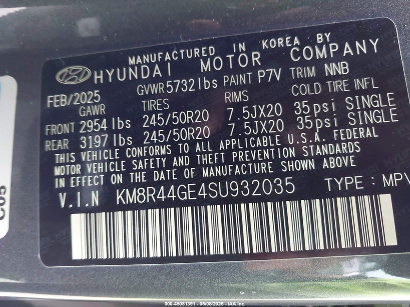2025 Hyundai Palisade VIN KM8R44GE4SU932035 IAAI salvage auction — RIGHT REAR, Original (Texas), sold $15,300 on 2026-07-09 (photo 9)