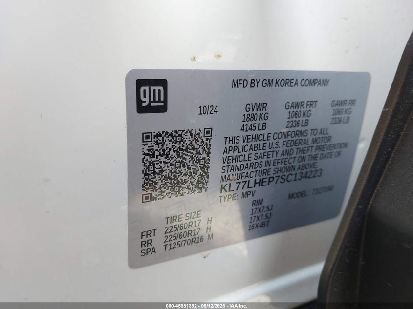 2025 Chevrolet Trax VIN KL77LHEP7SC134223 IAAI salvage auction — FRONT END, Salvage (Ohio), sold $2,500 on 2026-07-21 (photo 9)