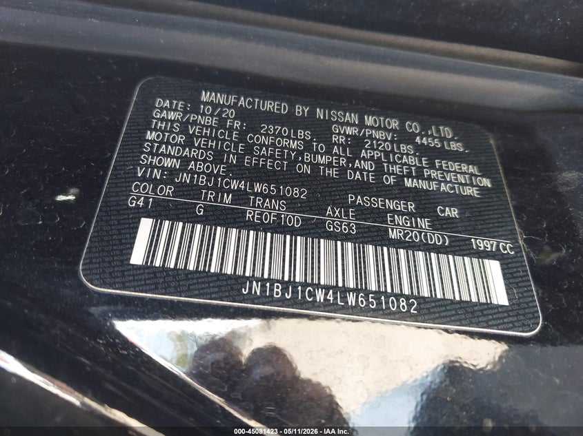 2020 Nissan Rogue VIN JN1BJ1CW4LW651082 IAAI salvage auction — FRONT END, Salvage (Indiana), sold $2,350 on 2026-07-07 (photo 9)