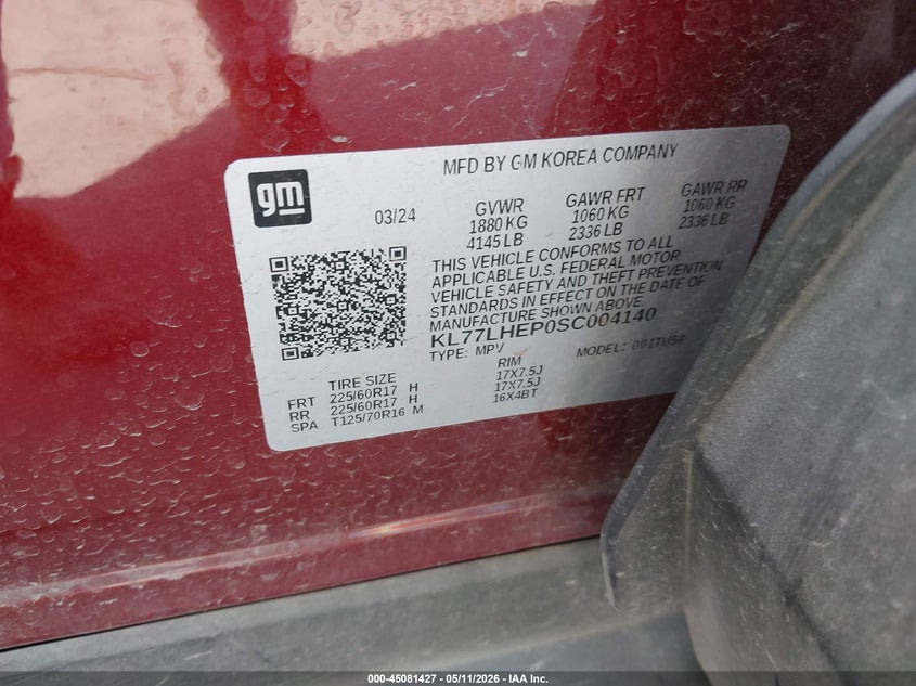 2025 Chevrolet Trax VIN KL77LHEP0SC004140 IAAI salvage auction — RIGHT REAR, Salvage (Texas), sold $4,600 on 2026-07-21 (photo 9)