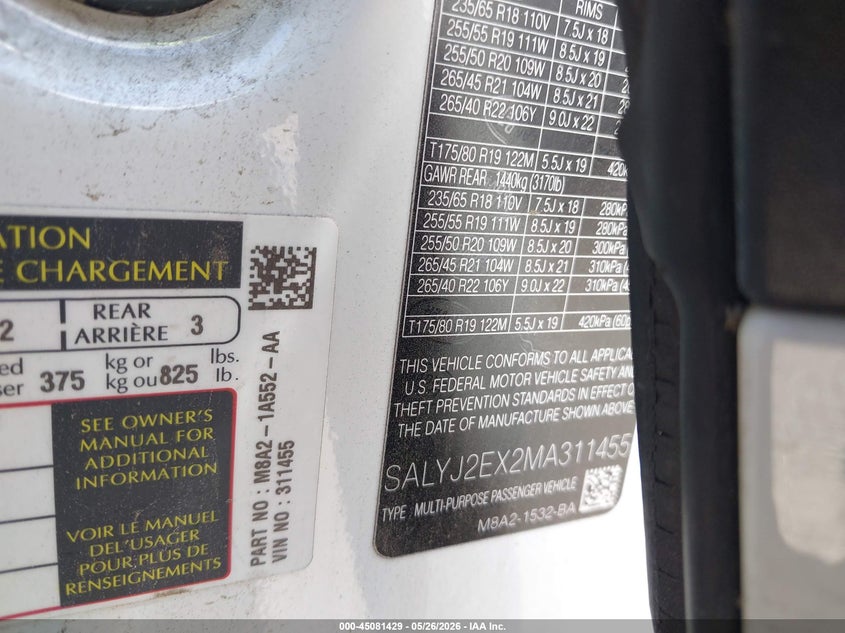 2021 Land rover Range rover velar VIN SALYJ2EX2MA311455 IAAI salvage auction — FRONT END, Salvage (Mississippi), sold $9,100 on 2026-07-24 (photo 9)