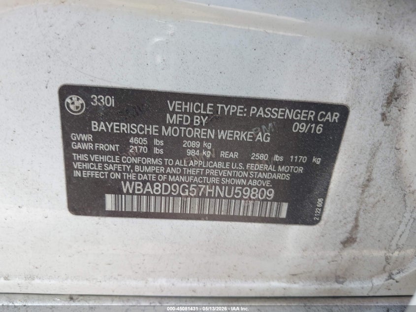 2017 BMW VIN WBA8D9G57HNU59809 IAAI salvage auction — RIGHT SIDE, Salvage Title, sold $2,125 on 2026-08-25 (photo 9)