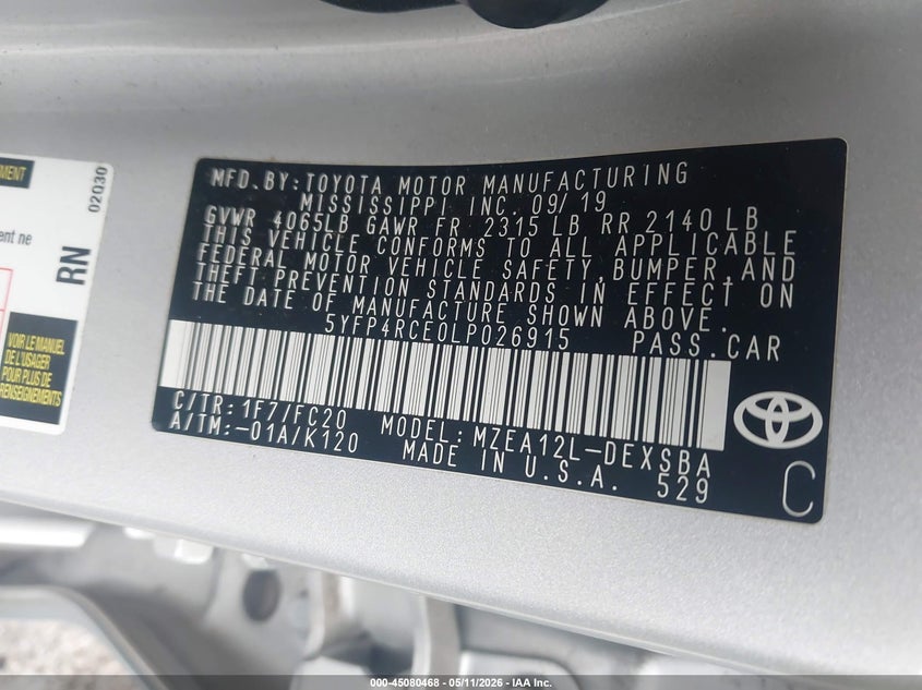 2020 Toyota Corolla VIN 5YFP4RCE0LP026915 IAAI salvage auction — RIGHT SIDE, Mv-907A (New York), sold $7,875 on 2026-07-07 (photo 9)