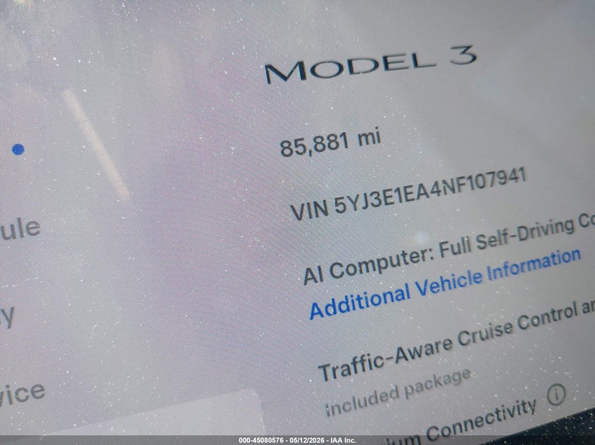 2022 Tesla Model 3 VIN 5YJ3E1EA4NF107941 IAAI salvage auction — RIGHT SIDE, Mv-907A (New York), sold $6,050 on 2026-07-09 (photo 7)