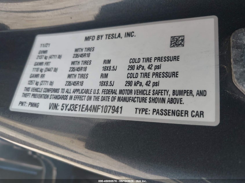 2022 Tesla Model 3 VIN 5YJ3E1EA4NF107941 IAAI salvage auction — RIGHT SIDE, Mv-907A (New York), sold $6,050 on 2026-07-09 (photo 9)