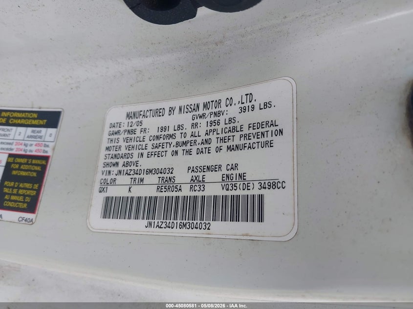 2006 Nissan 350z VIN JN1AZ34D16M304032 IAAI salvage auction — REAR END, Repossession Paperwork (Georgia), sold $1,000 on 2026-07-19 (photo 9)