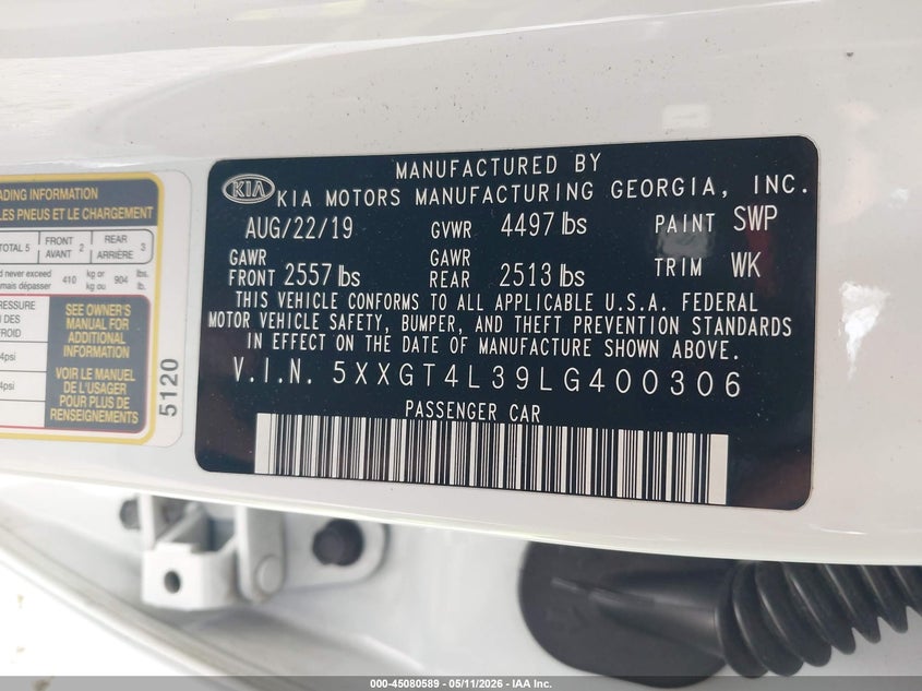 2020 Kia Optima VIN 5XXGT4L39LG400306 IAAI salvage auction — FRONT END, Salvage (New Jersey), sold $25 on 2026-07-28 (photo 9)
