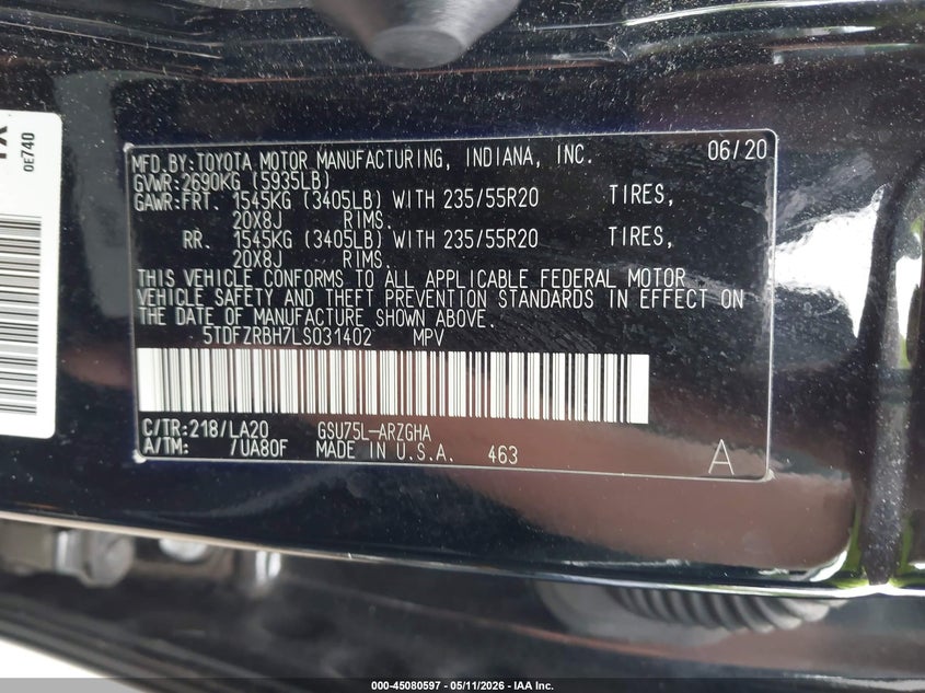 2020 Toyota Highlander VIN 5TDFZRBH7LS031402 IAAI salvage auction — RIGHT FRONT, Salvage - 75% Or Less (Maryland), sold $3,050 on 2026-07-21 (photo 9)