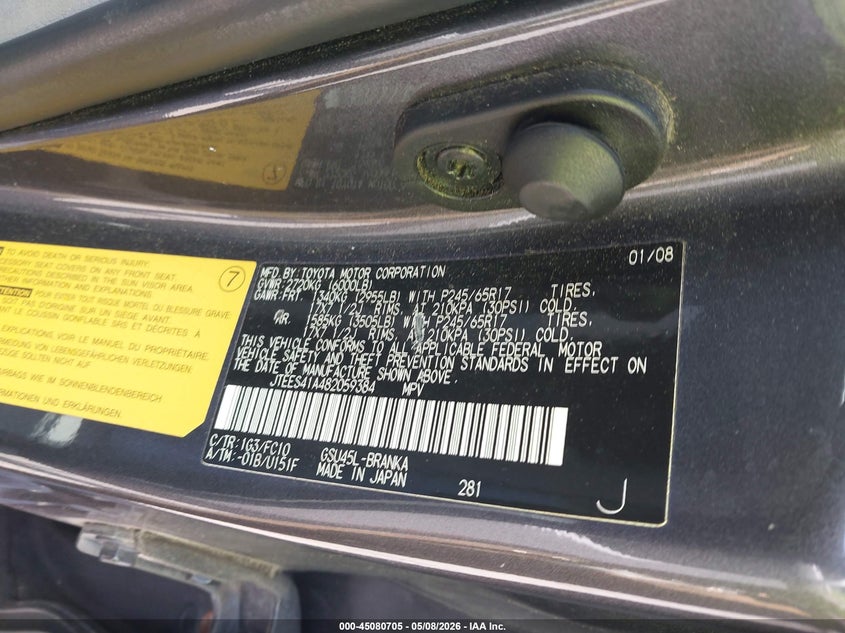 2008 Toyota Highlander VIN JTEES41A482059384 IAAI salvage auction — NORMAL WEAR, Salvage (Texas), sold $1,150 on 2026-07-28 (photo 9)