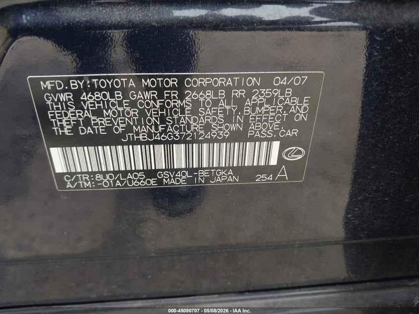 2007 Lexus ES VIN JTHBJ46G372124939 IAAI salvage auction — REAR END, Salvage (Georgia), sold $875 on 2026-07-15 (photo 9)
