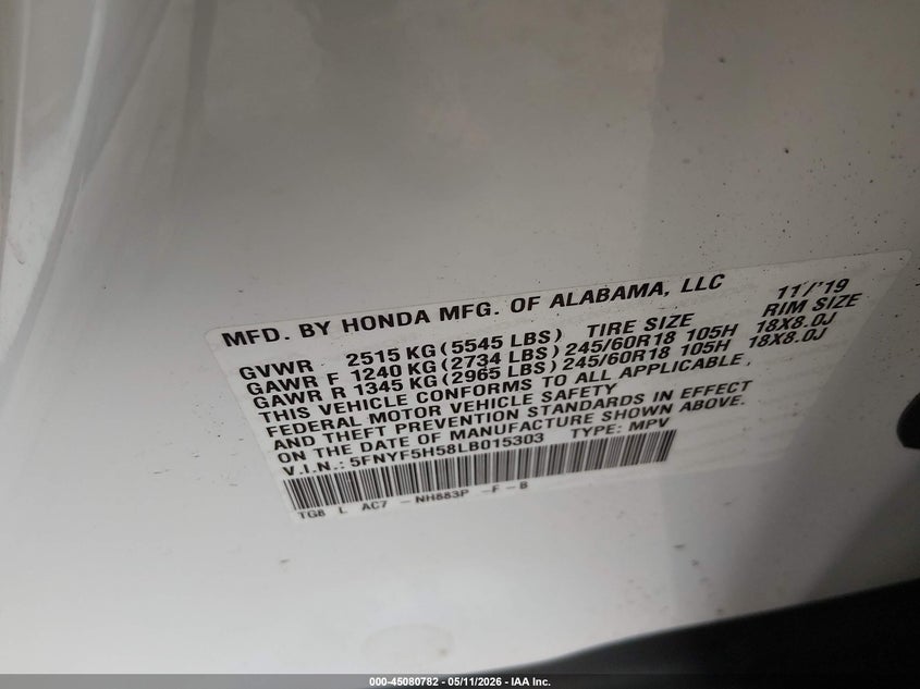 2020 Honda Pilot VIN 5FNYF5H58LB015303 IAAI salvage auction — FRONT & REAR, Salvage (New Jersey), sold $3,350 on 2026-07-24 (photo 9)